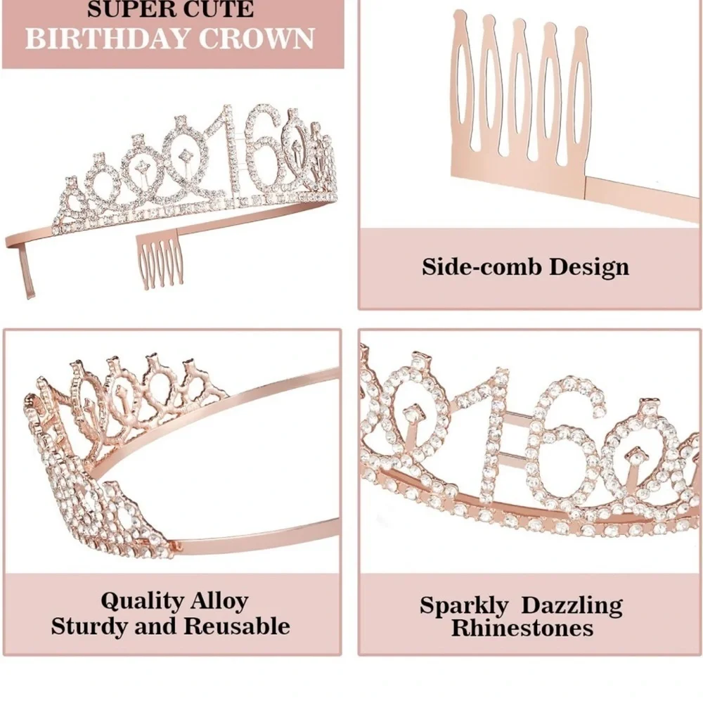 🌻Happy 16h Birthday Rose Gold Crown Tiara One Size and Cake Topper_10